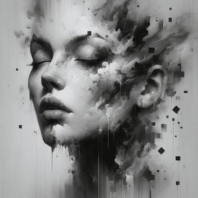 The primary subject of the image is a woman's face, which is the main focus of the image. The setting is a black and white background, giving the image a classic and timeless feel. The visual style is a combination of digital art and illustration, creating a unique and artistic representation of the woman's face. The colors and mood of the image are predominantly dark and moody, with the woman's face being the only bright spot in the scene.